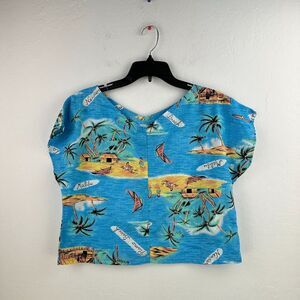 Vintage Fritzi Top Womens L Blue Hawaiian Beach‎ Summer Short Sleeve V-neck